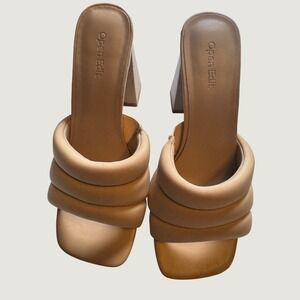 Open Edit Womens Padded Triple Strap Block Heel Slide Sandals Tan Beige Size 7M